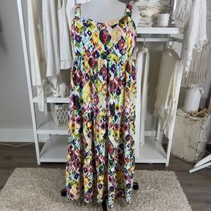 Terra & Sky graphic print sz 14 white pink yellow blue tiered maxi dress…